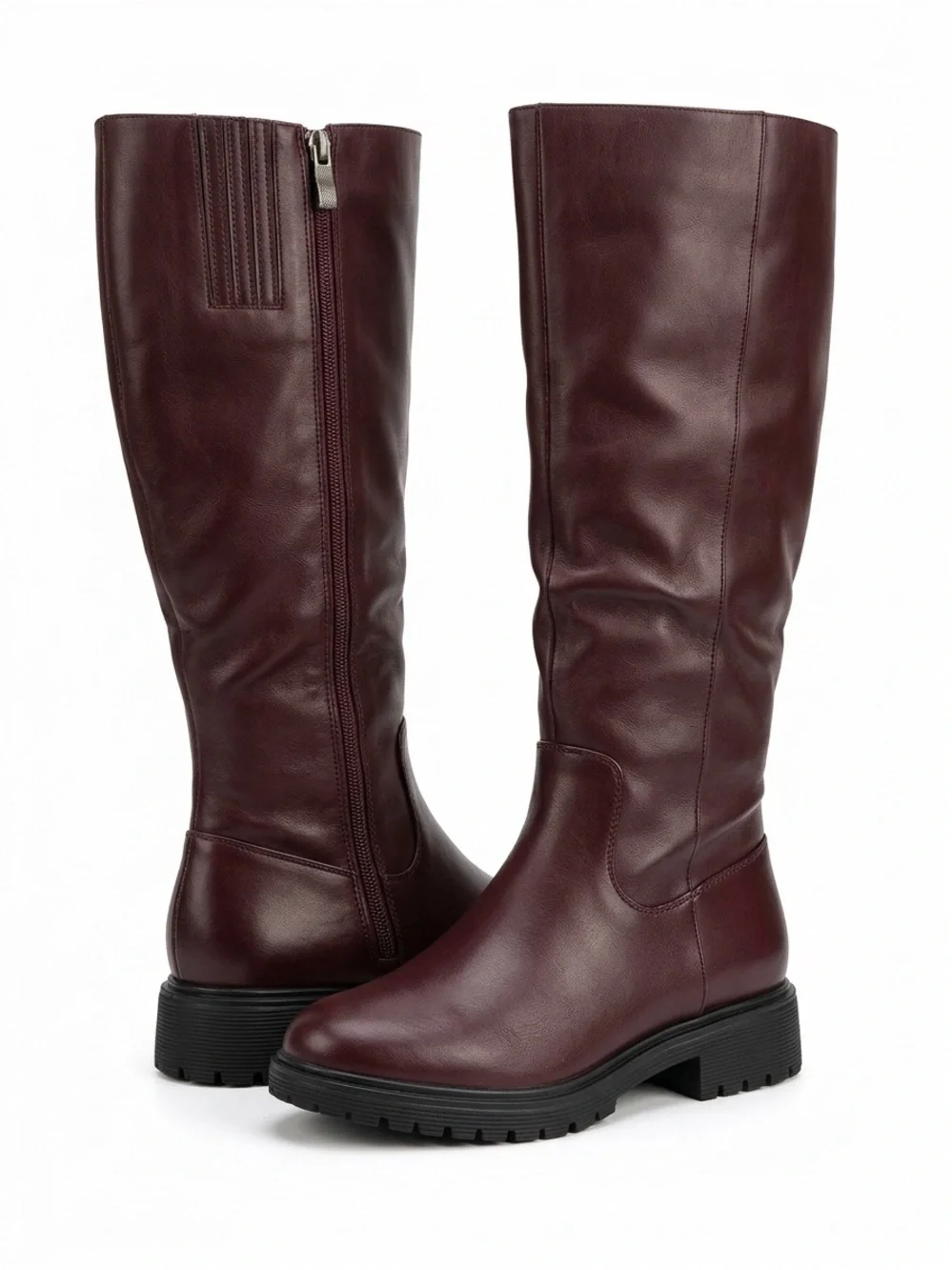 Women's Knee-High Flat Riding Boots with Side Zipper - Burgundy color